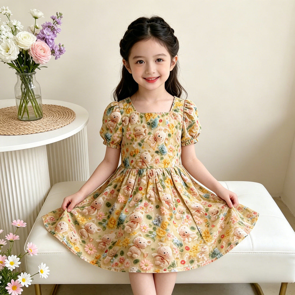 【matching family outfit】girls' summer dress - sweet floral print, stylish square neck, short sleeve princess dress for little girls