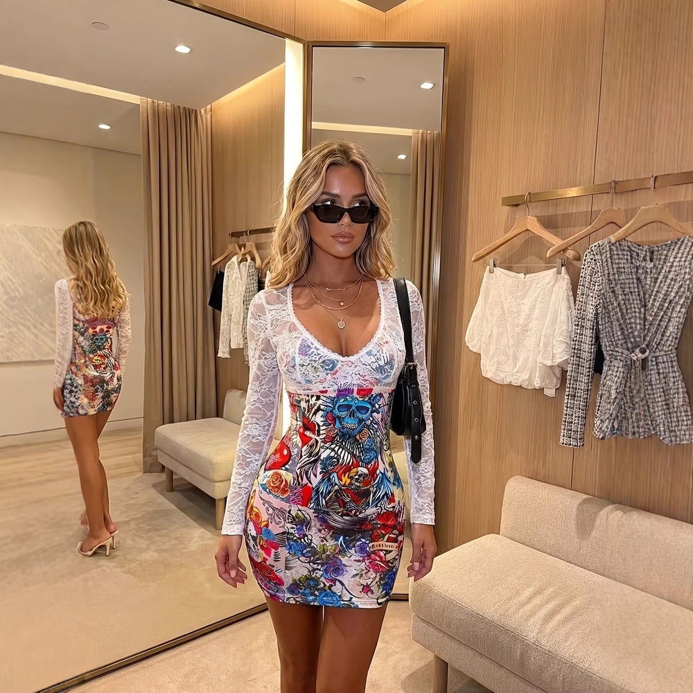 new european and american  lace patchwork v-neck printed sexy bodycon dress - unique style