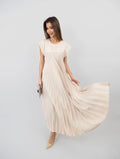 Amazon women's  european and american style spring new arrival solid color elegant fashion round neck short sleeve pleated loose dress