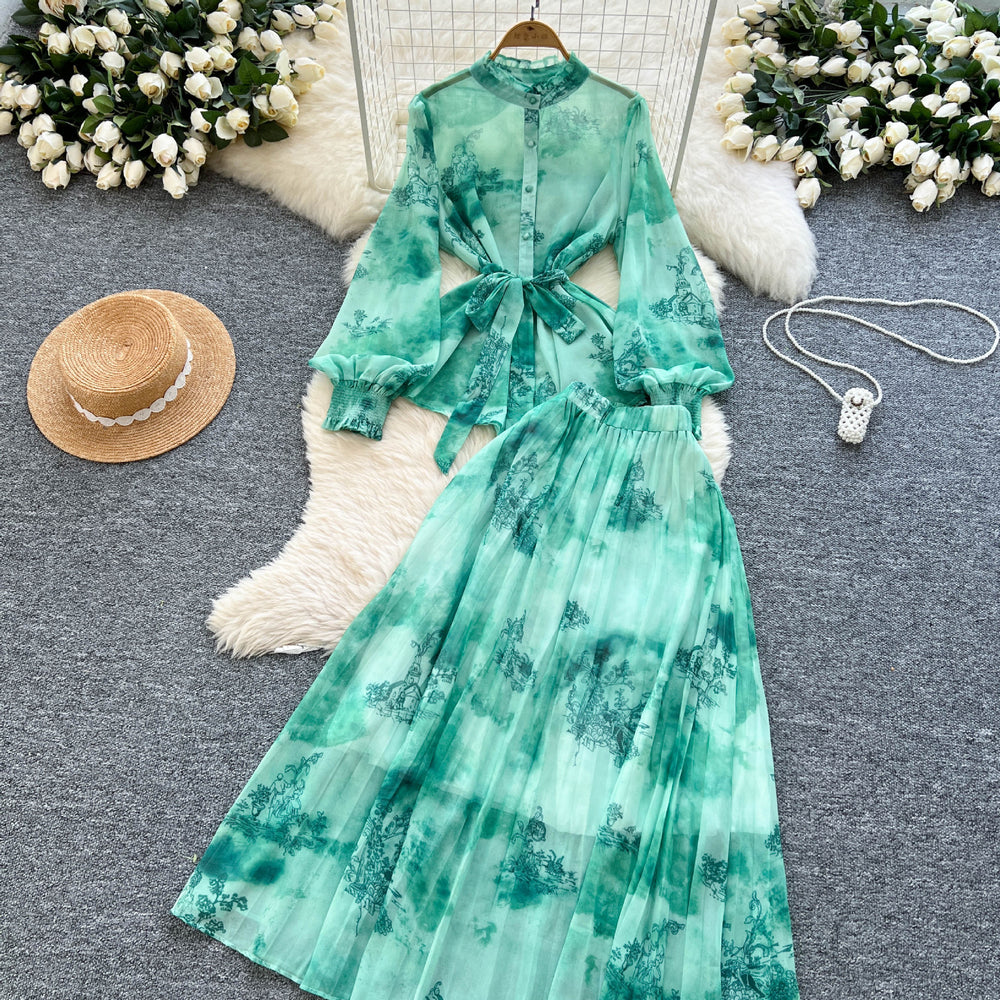 Elegant two-piece set: french-inspired, high-end tie-waist lantern sleeve printed chiffon top + high-waisted midi skirt