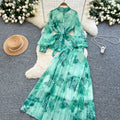Elegant two-piece set: french-inspired, high-end tie-waist lantern sleeve printed chiffon top + high-waisted midi skirt