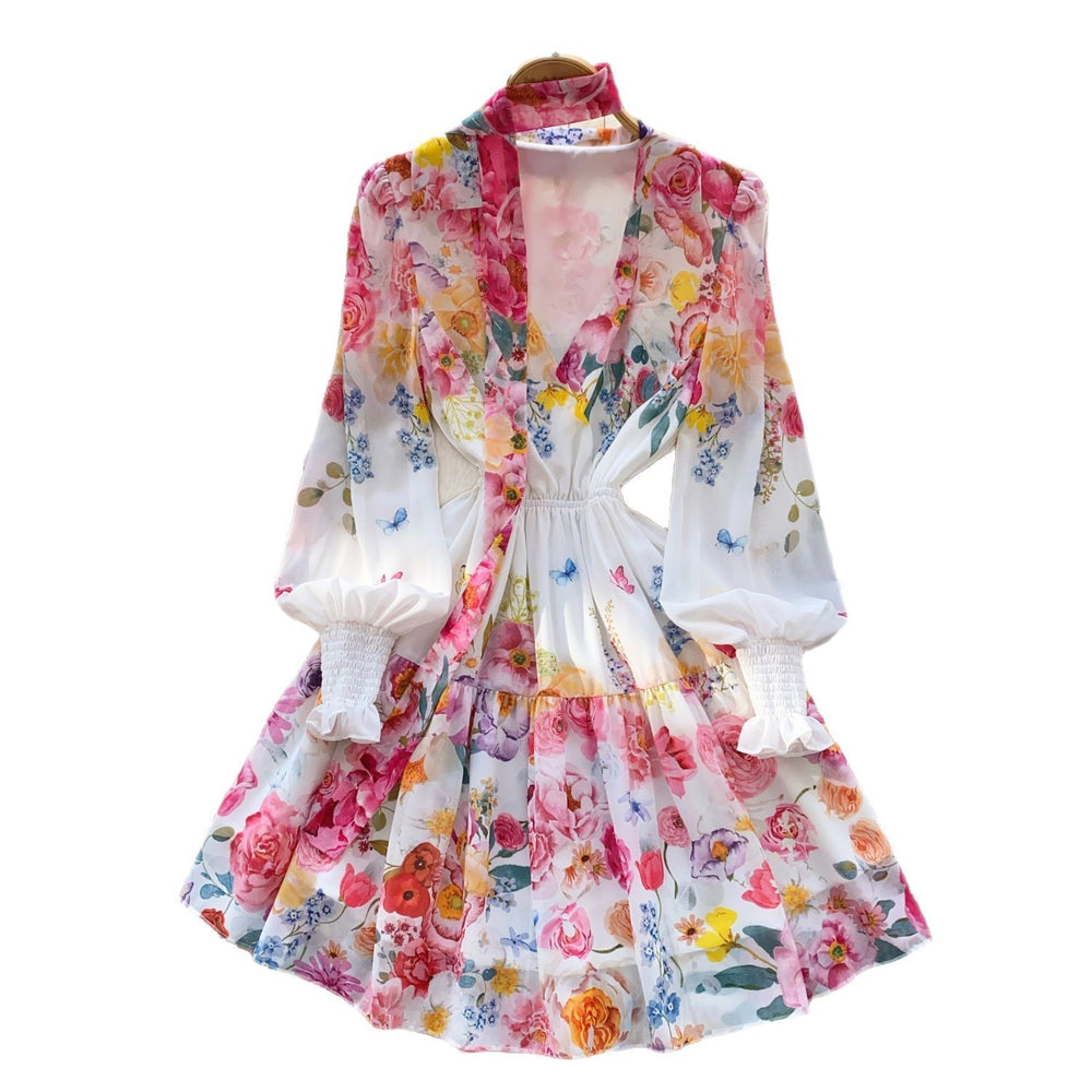 French chic elegant dress for women, spring , high-end deep v-neck, ribbon tie waist, printed ruffle hem mini dress