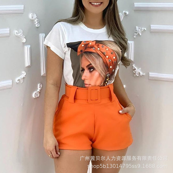 LZQ2071 Women's Fashion White Printed T-Shirt + Shorts - Belt (2-piece set)