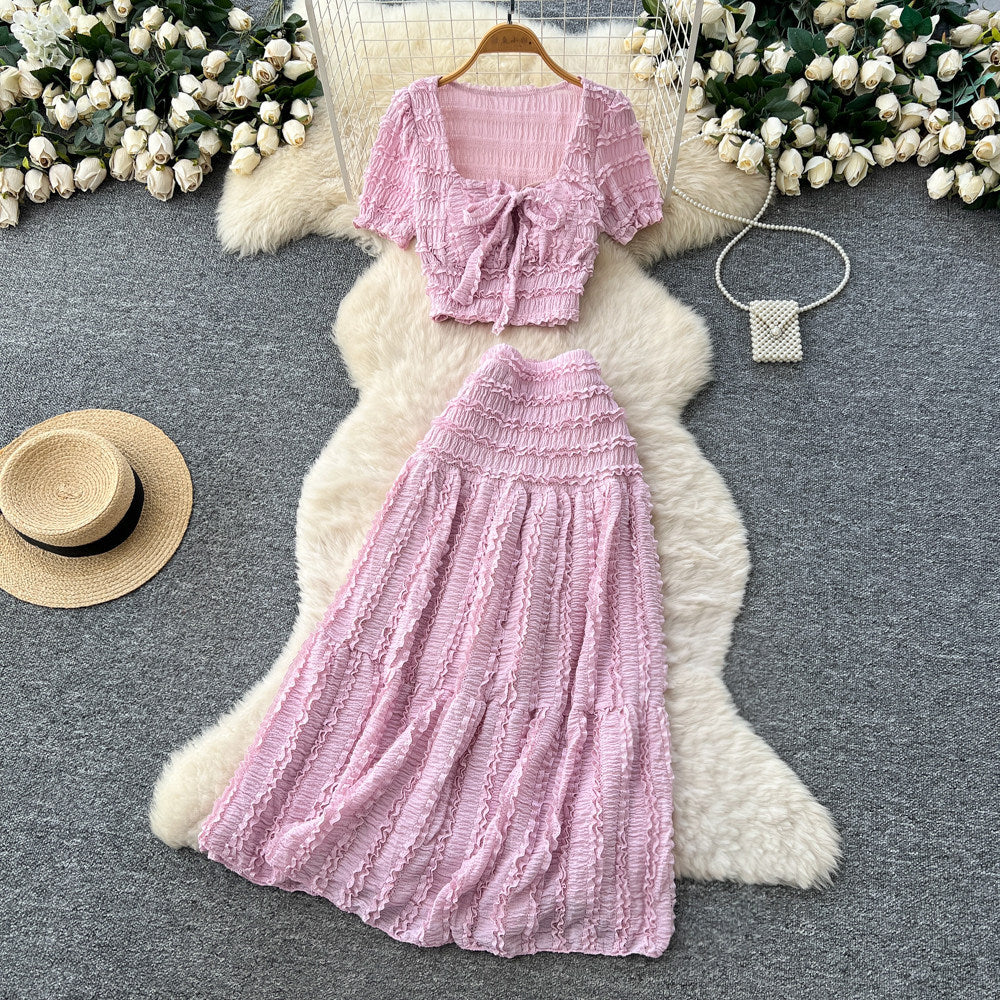 Vacation style bubble pleated square neck short-sleeved dress women's high waist pleated a-line skirt slimming lookeleganttwo-piece set