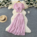 Vacation style bubble pleated square neck short-sleeved dress women's high waist pleated a-line skirt slimming lookeleganttwo-piece set