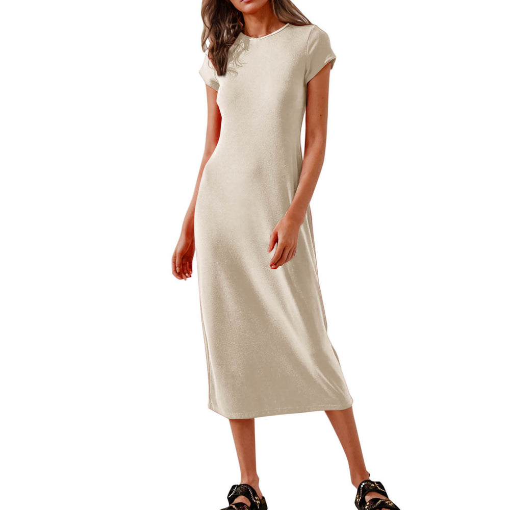 cross-border women's casual slim-fit crew neck short sleeve solid color maxi dress