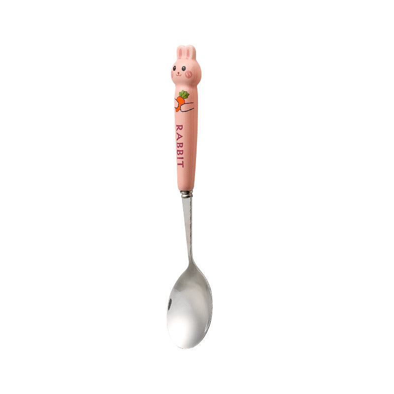 Cartoon stainless steel cutlery set: cute kids' forks with stylish ceramic handles, exquisite dessert spoons, and serving spoons