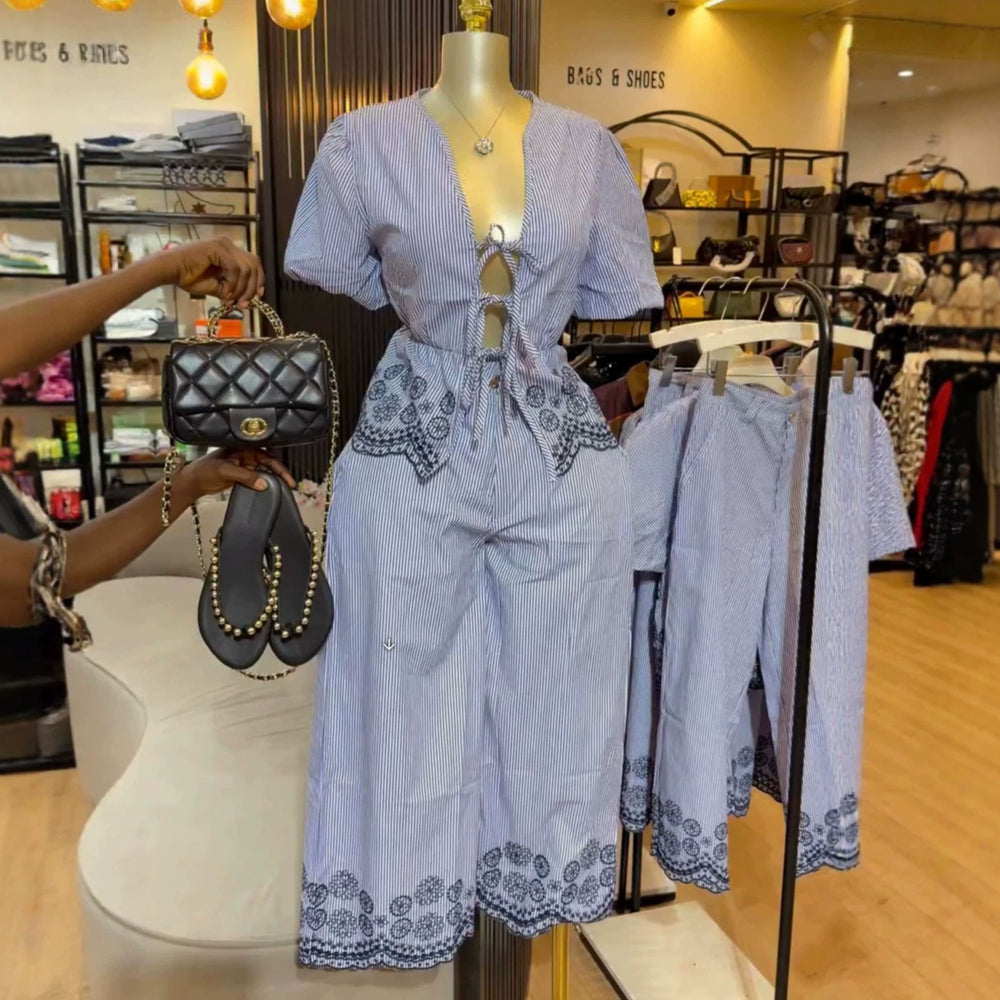 European and american cross-border women's fashion:  summer new collection - stylish printed tie-up striped short-sleeve shirt and wide-leg pants set