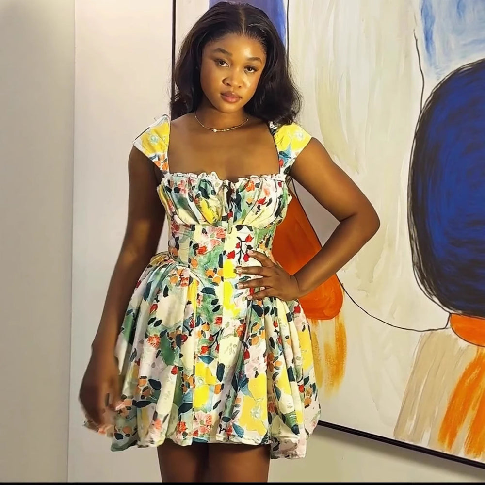 European and american cross-border women's fashion:  summer new arrivals - fresh camisole lace print high-waisted ruched mini dress