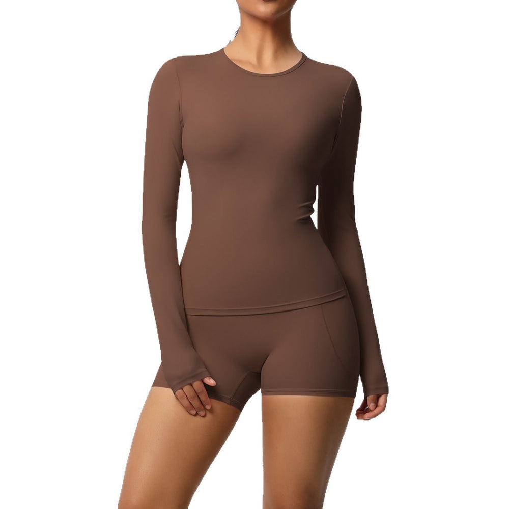 New arrival: european and american style solid color double-sided brushed nylon long-sleeve yoga set - activewear two-piece for running and fitness