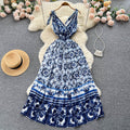 Frenchretrotie back suspender dresssummer women's sense of designniche style waist slimming look large swing floral long skirt