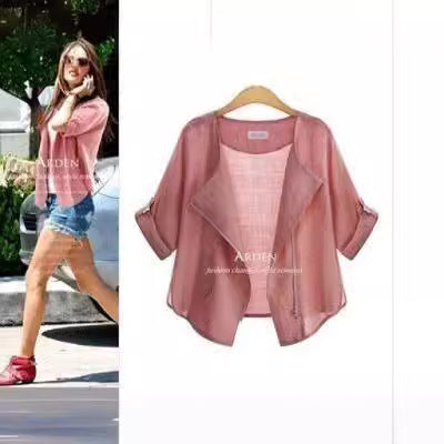 's popular 2025 new European and American large-size women's clothing spring and summer short jacket solid color long-sleeved sunscreen jacket