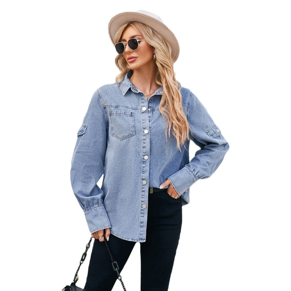 fashioncross-border spring new arrival  washed four-button long sleeves denim shirttops for women