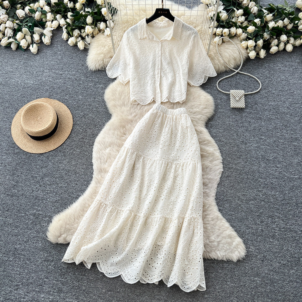 Vacation style pink cut outlacetwo-piece set women's summer short-sleeved intellectual high waistslimming lookwork clothingelegantsuit