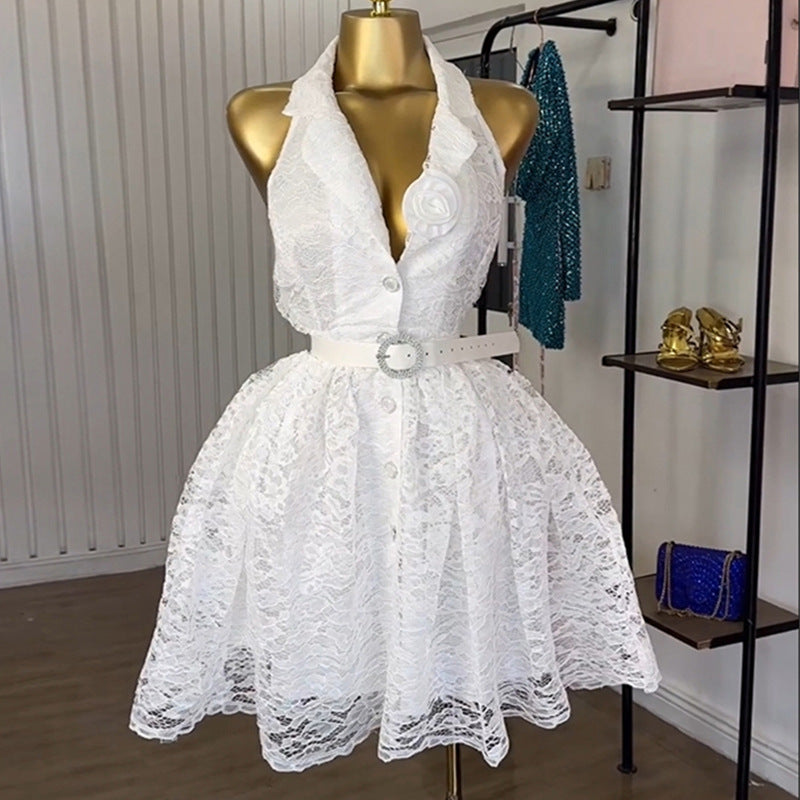 European and american cross-border women's fashion:  autumn new arrival - elegant, designer, 3d floral, cinched waist, lace sleeveless dress