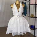 European and american cross-border women's fashion:  autumn new arrival - elegant, designer, 3d floral, cinched waist, lace sleeveless dress
