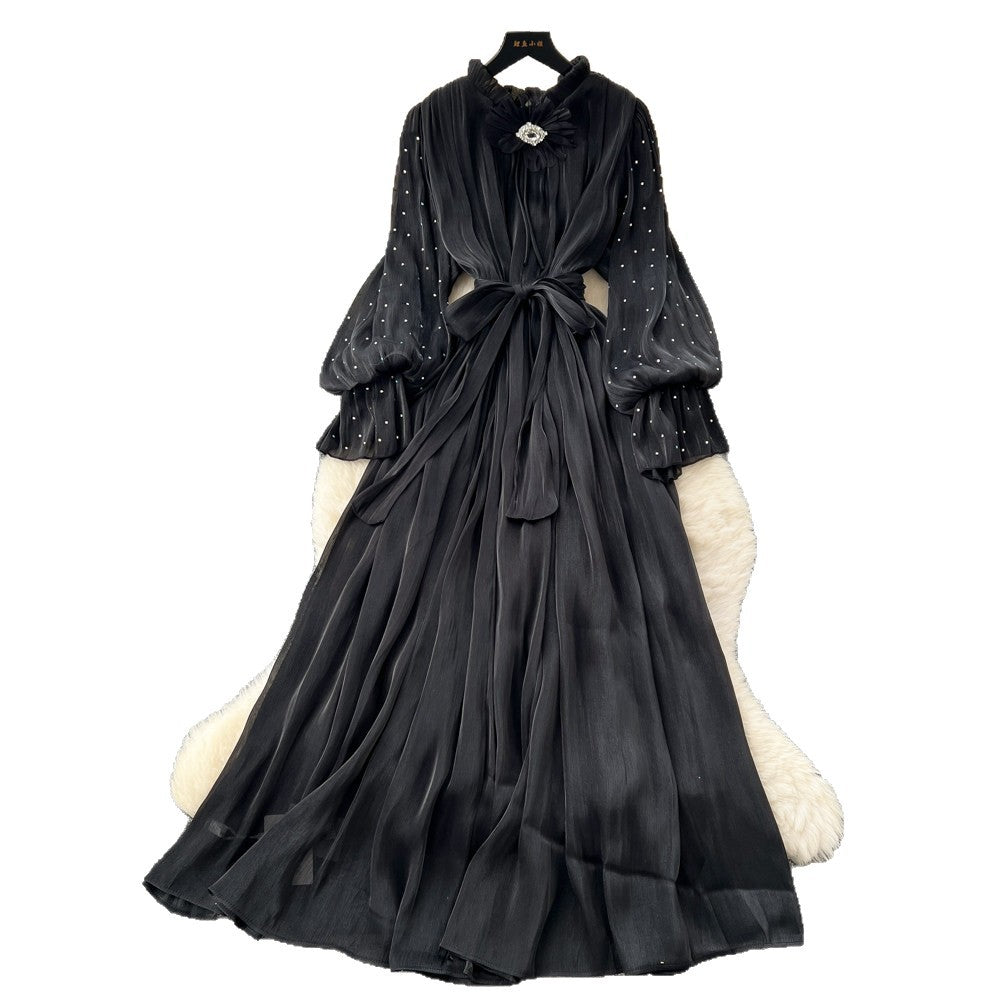 Lightly mature style diamond-encrusted elegance a-line dress women's long sleevestie back waist slimming lookelegant pleated long skirt work clothing