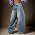 Fashionjeans women's high waist large arc wide leg mop pants distressed split stitching niche style denim pants