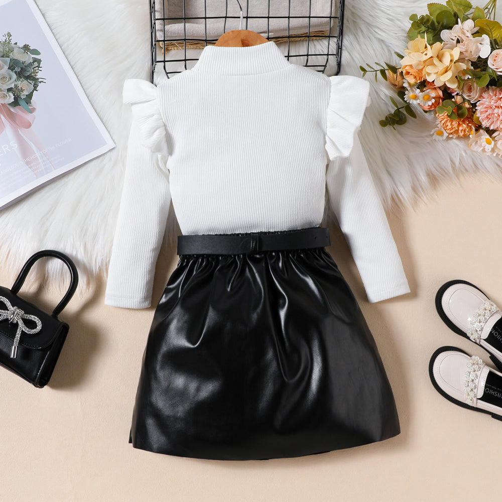 fashion girls' solid color high neck long sleeve top + pu leather pleated skirt + belt three-piece set