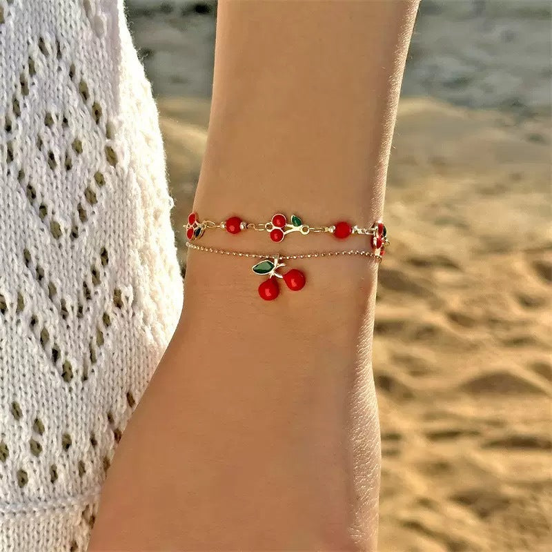 fashion best-selling red cherry anklet suit women's summerfashion small fresh red dripping oil anklet jewelry