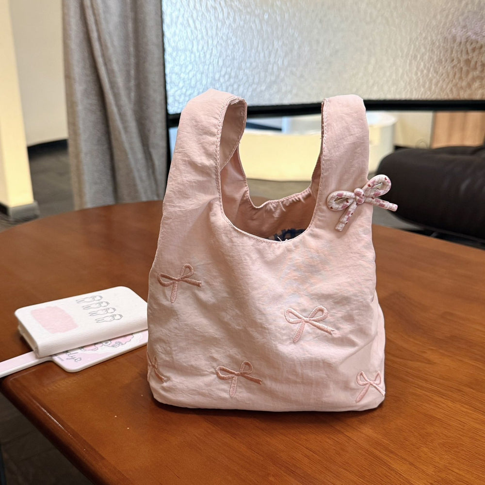 Mint green bow embroidered handbag - girly, portable mini tote bag for everyday commuting, cute storage pouch, exquisite design
