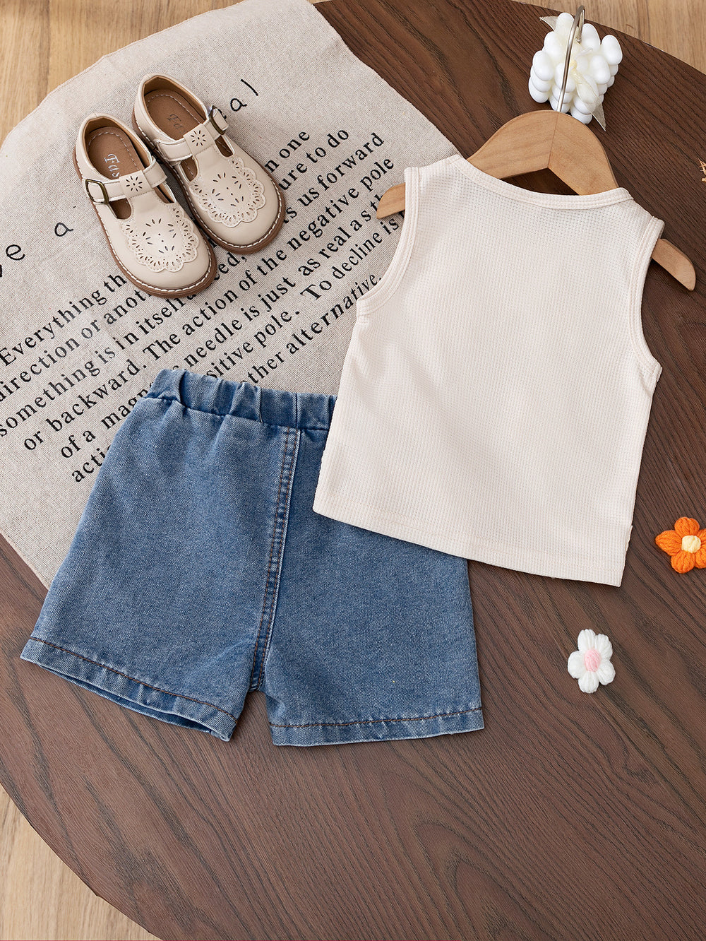 cross-border e-commerce girls' cute tank top print + denim shorts autumn outfit