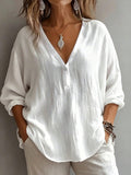 Casual resort style textured shirt v neck half placket loose dropped shoulder sleeves easiest for match women's clothing 1688 supply