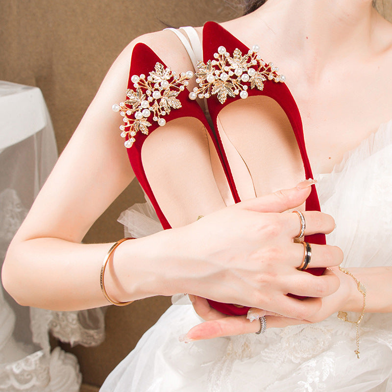 Autum wedding shoes for women with thick heels 2023 new arrival bride chinoiserie red fleece-lined xiuhe wedding dress two-wear high heels not tiring feet