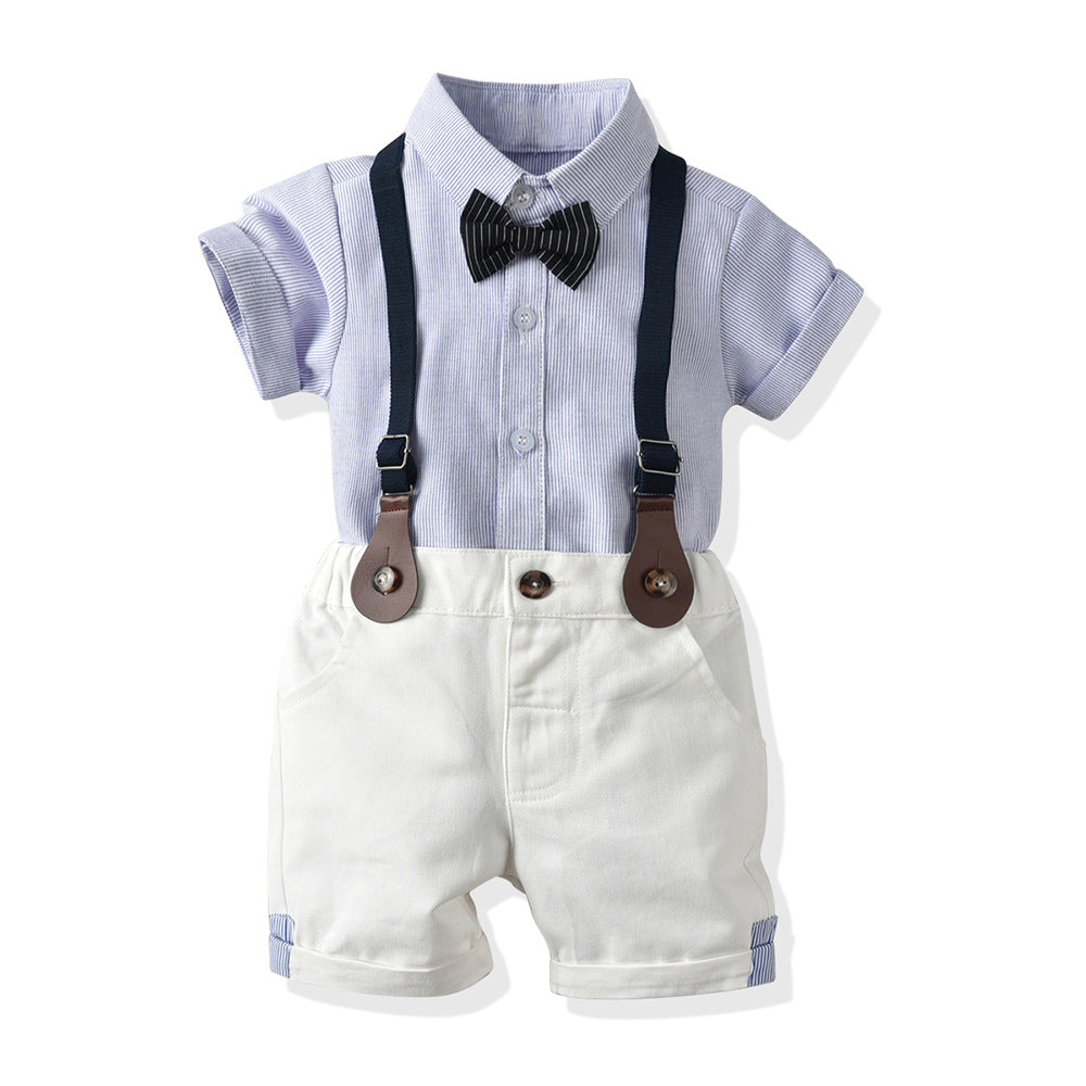 New children's suitsummer short-sleeved stripesshirt suspender shorts boys birthday first birthday dress kidssuit
