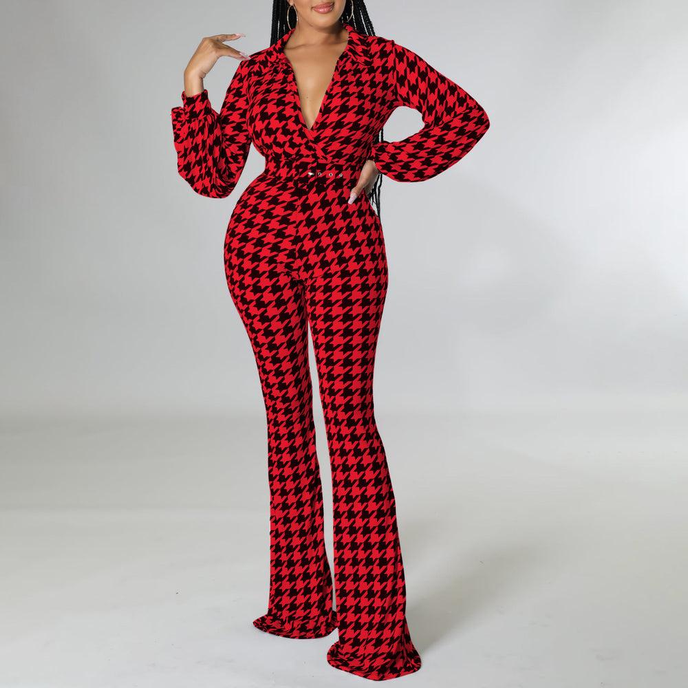 C8559 cross-border women's fashion  autumn/winter new arrival v-neck puff sleeve cinched waist printed wide-leg plus size african jumpsuit