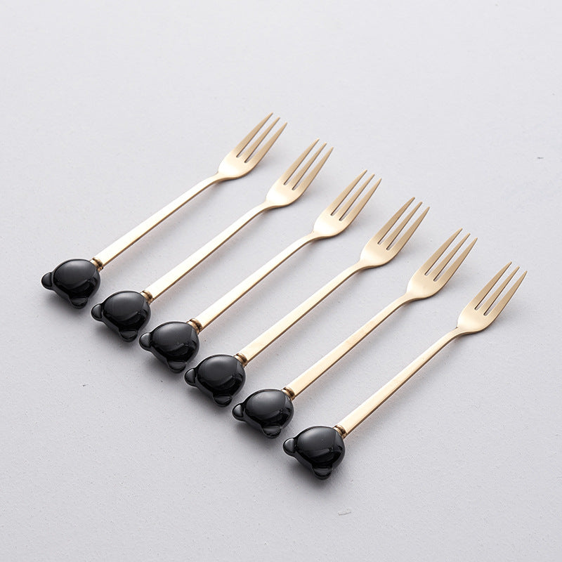 Ceramic bear stainless steel fruit fork set - stylish fruit picks, home use, light luxury forks and spoons, wholesale fruit forks