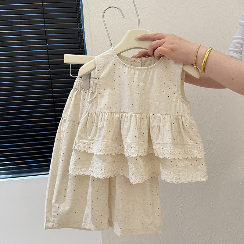 New girls' summer korean style sleeveless polka dot outfit - versatile, stylish, and trendy kids' clothing for baby girls