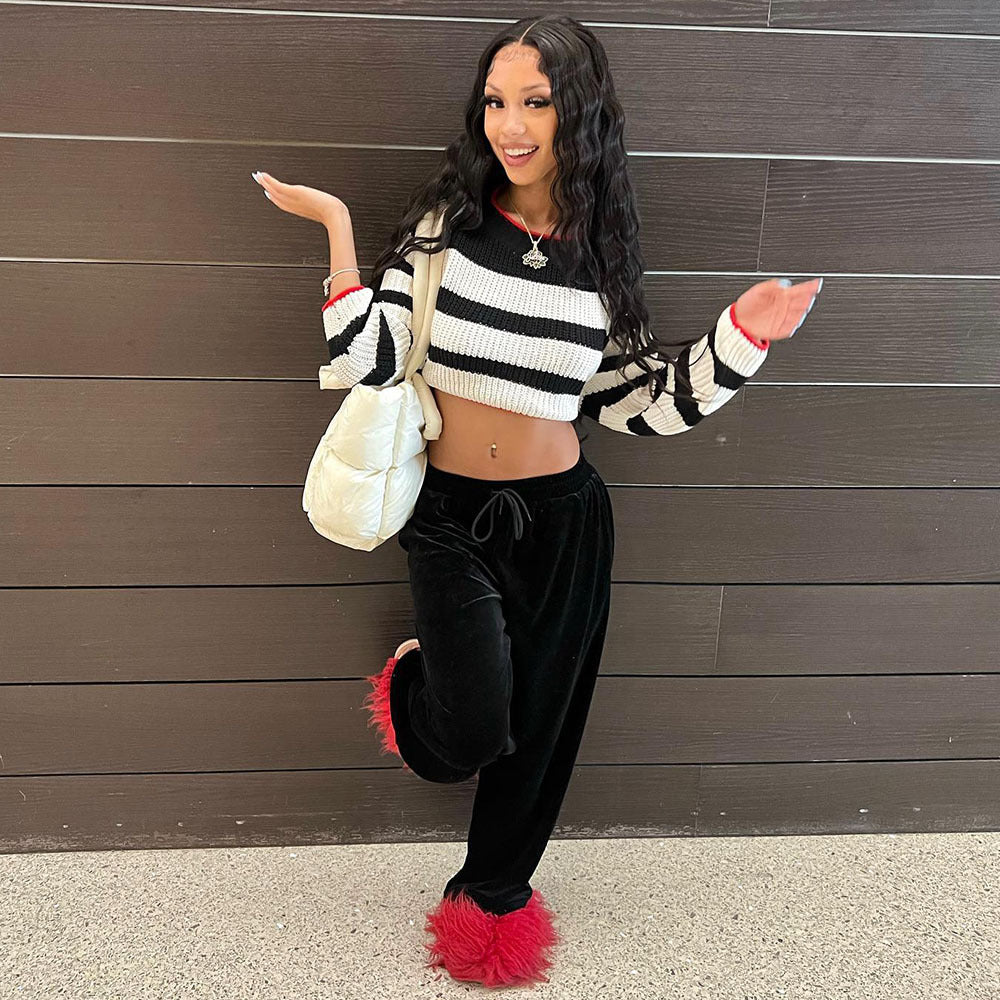 European and american cross-border women's apparel:  winter new arrivals - women's sexy backless tie-up striped patchwork sweater top