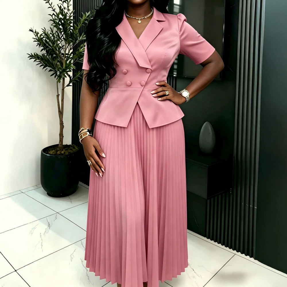 New arrival cross-border work clothingdress lapel short sleeve design double breasted decoration pleated skirt pleateddres