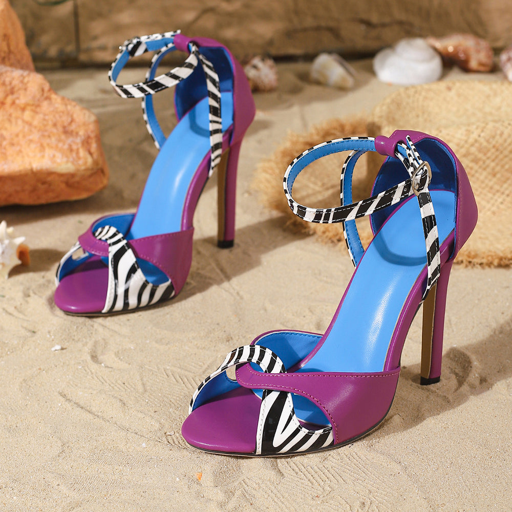 2026 summer new purple stiletto heel sandals women's single strap color block open toe fashionable elegant shoes