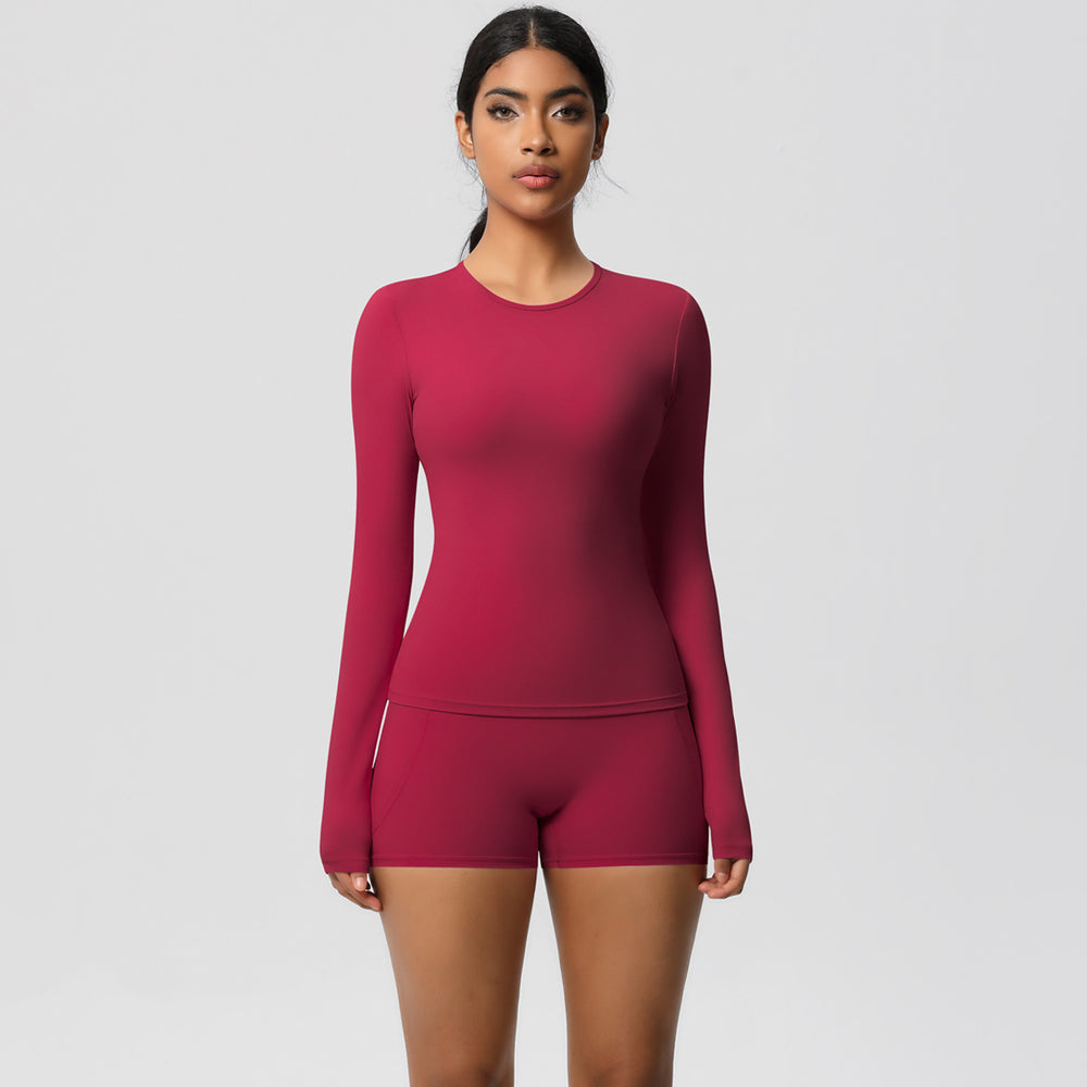 European and american solid color slim-fit long sleeve t-shirt yoga outfit set - high-waisted, barely-there feel, quick-dry activewear two-piece set for running and fitness