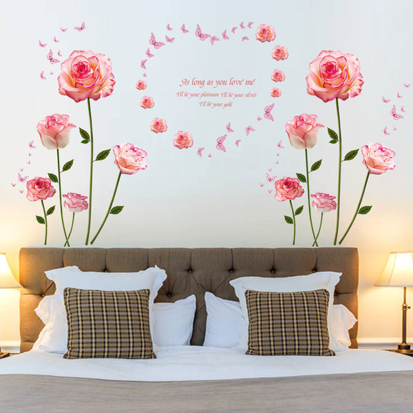 Simple and elegant new pink rose wall sticker bedroom living room entrance bathroom door TV wall decorative sticker SK9337