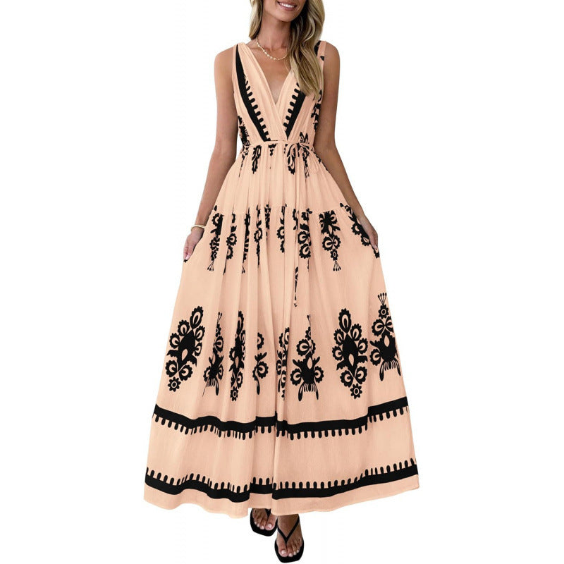Amazon fashion v neck sleeveless suspender skirt women's  summer bohemia style beach vacation skirt