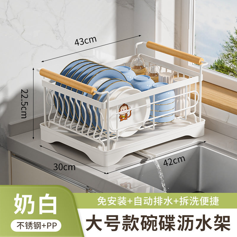 Stainless steel bowl rack, kitchen rack, countertop, household single-layer drain tray rack, large-capacity tableware and dish storage rack