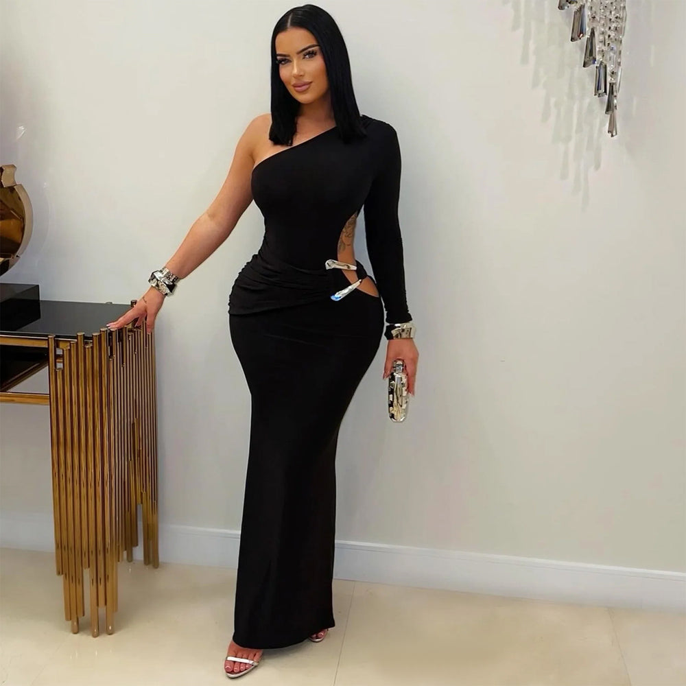 C7543 cross-border   fashion women's sexy one-shoulder sleeveless bodycon solid color dress