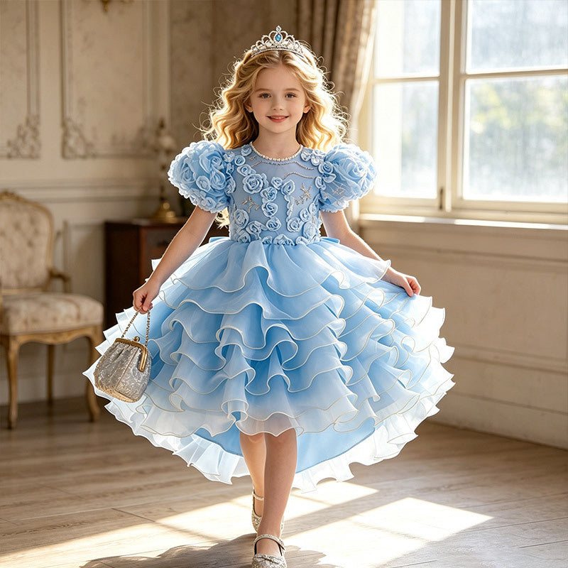 European and american style  girls' dress - high-low hem, train, tiered skirt, bow detail, detachable back - wholesale