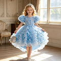 European and american style  girls' dress - high-low hem, train, tiered skirt, bow detail, detachable back - wholesale