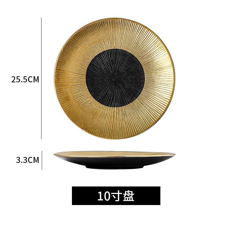 Gold-trimmed ceramic dinnerware: western steak plates, sushi rectangular dishes, hotel gold-edged buffet plates - wholesale