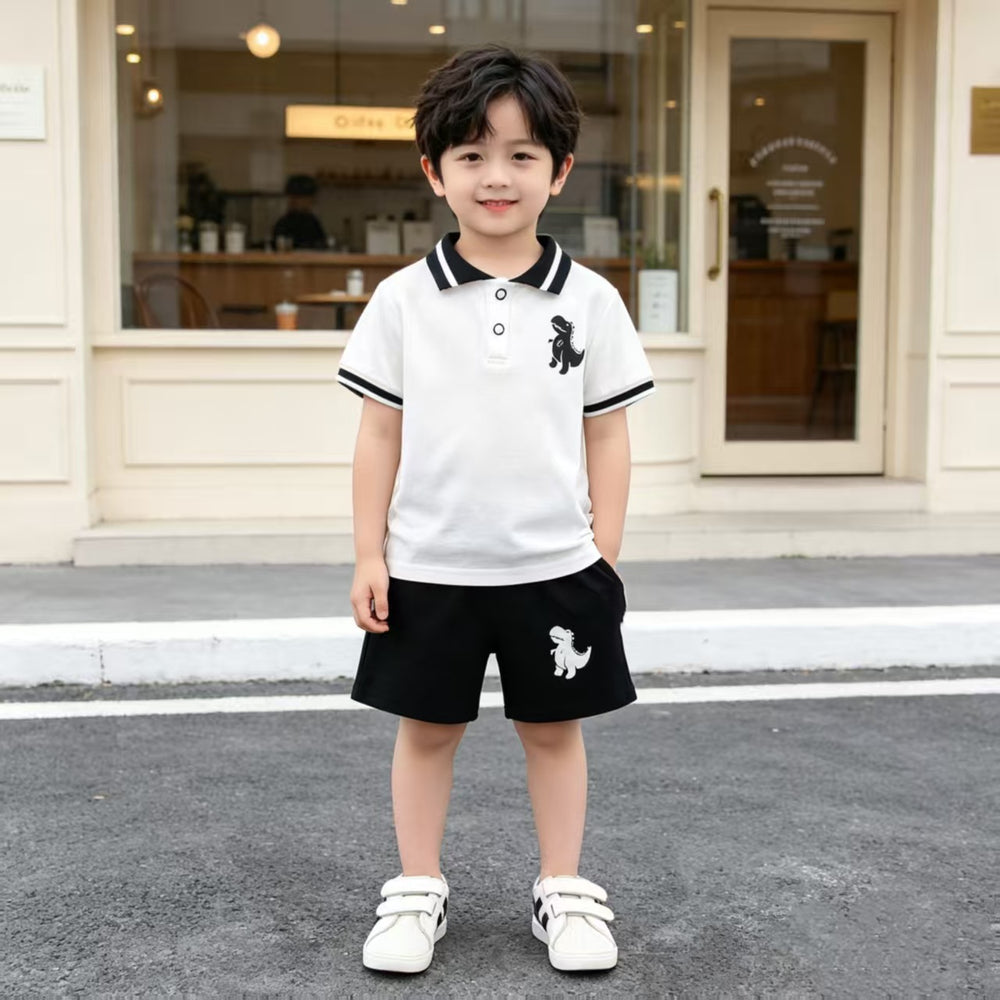 children's wear: boys' summer casual fashion dinosaur embroidered polo shirt + shorts two-piece set - wholesale