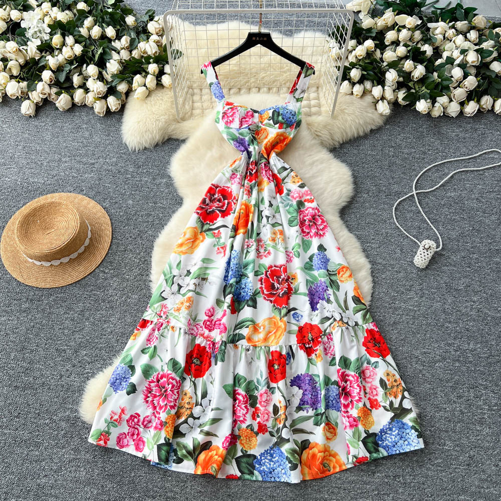 Vintage court style printed slip dress - women's summer cinched waist slim fit high-end elegant socialite maxi dress