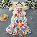 Vintage court style printed slip dress - women's summer cinched waist slim fit high-end elegant socialite maxi dress