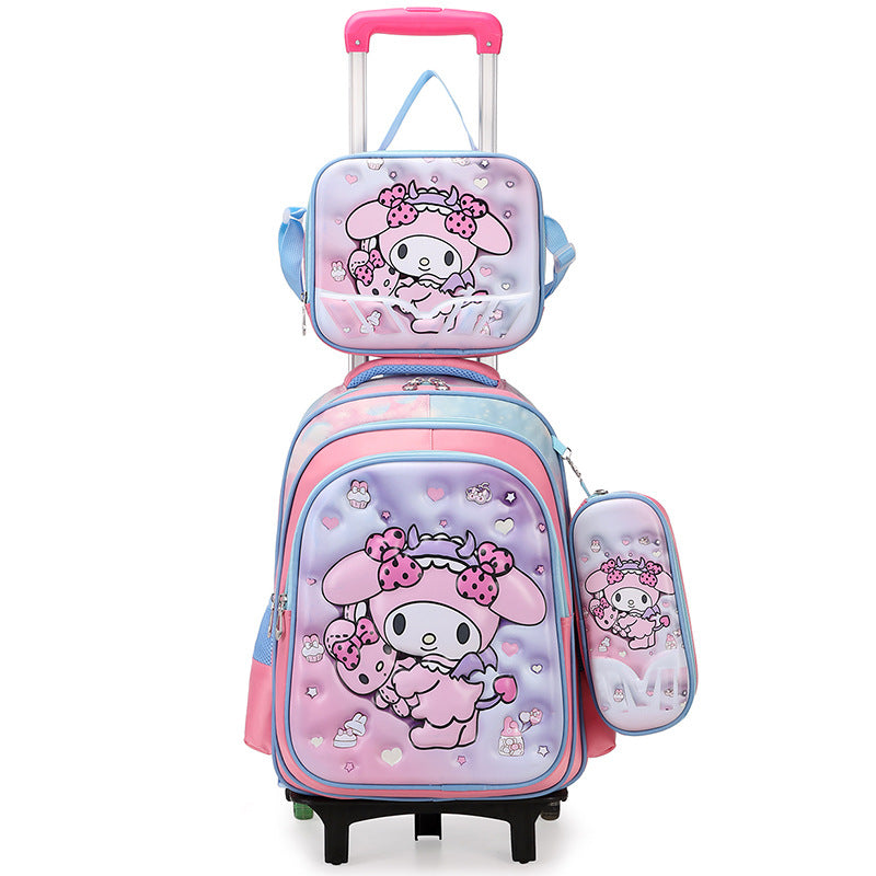 New arrival concave and convex leather primary school student pull rod school bag for grades 3 to 6 kids cartoon three-piece set backpack in stock