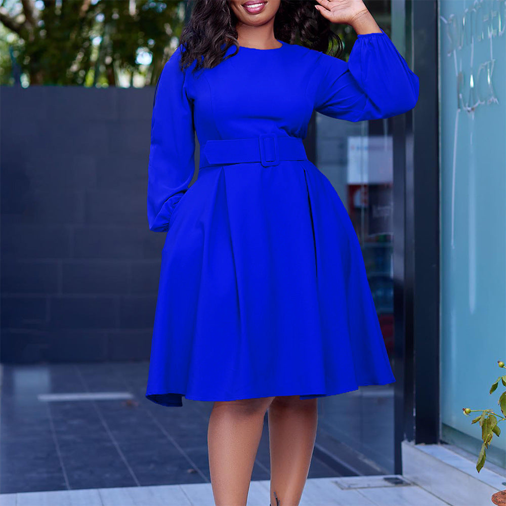 D418 women's foreign trade dress,  autumn/winter new collection, fashionable round neck, long sleeve, high waist, large skirt, solid color african dress