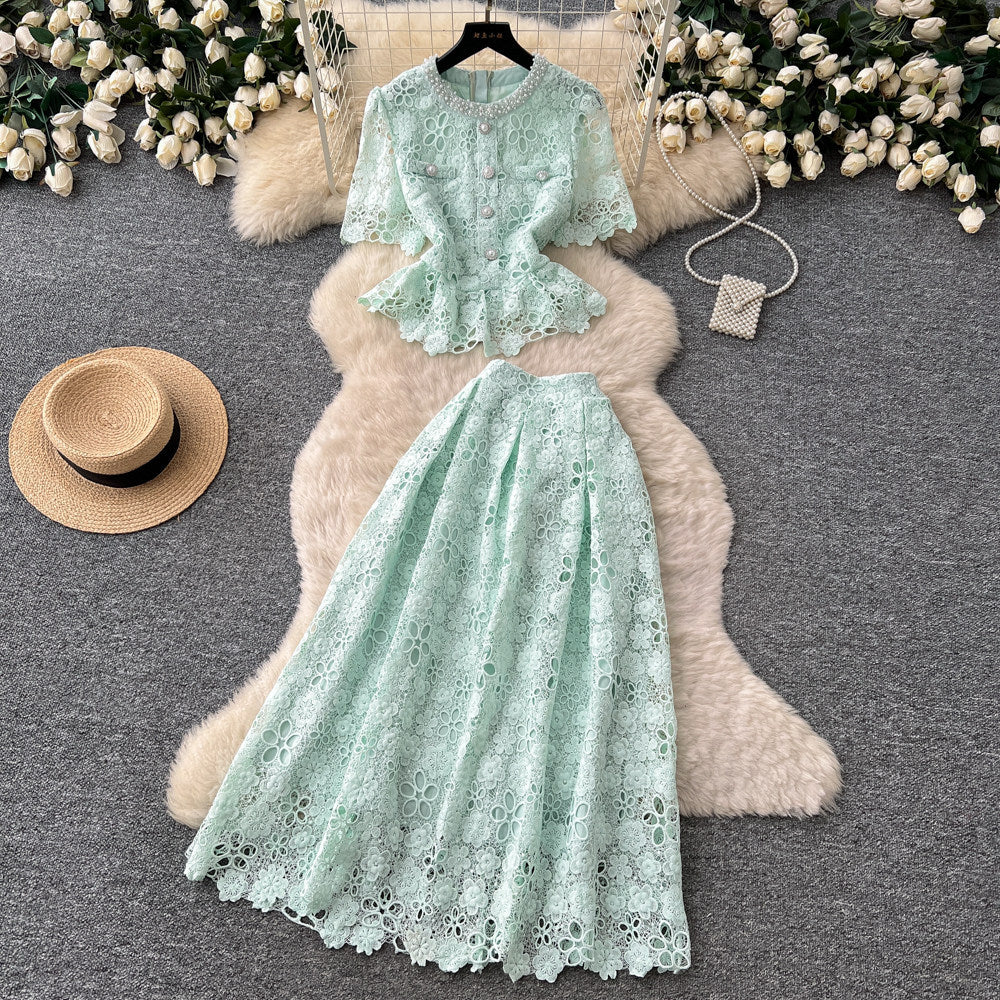 French chic lace bubble sleeve top & high-waisted midi skirt two-piece set -  summer slimming outfit