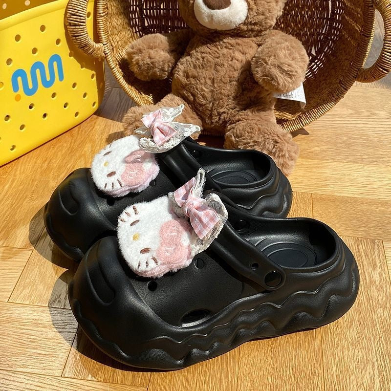 Cute cartoon hello kitty clogs - fairy style outdoor summer thick sole height increasing non-slip "stomping on clouds" beach closed-toe slippers
